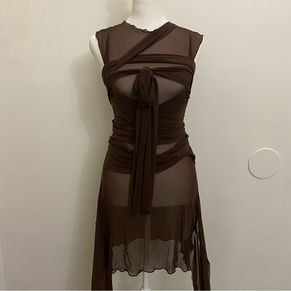Sheer Brown Sleeveless Asymmetrical Bodycon Dress